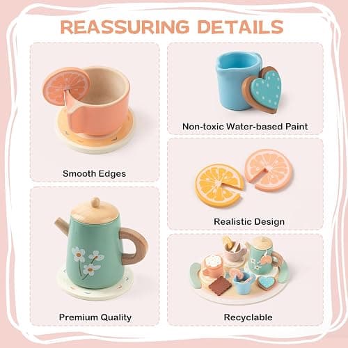 KDSFT Tea Party Set for Little Girls, Wooden Kids Tea Set with Teapot Cups Coasters Carrying Dessert, Picnic Outdoor Toys Pretend Play Kitchen Accessories for 3 4 5 Years Old thumbnail 4