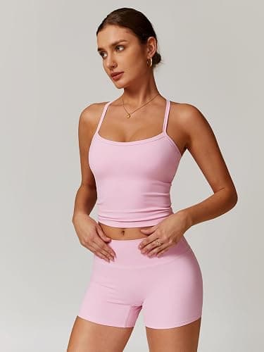 ABOCIW 2 Pieces Workout Sets for Women, Cross Back Tank Top Matching High Waist Biker Shorts, Gym Yoga Pilates Outfits thumbnail 3