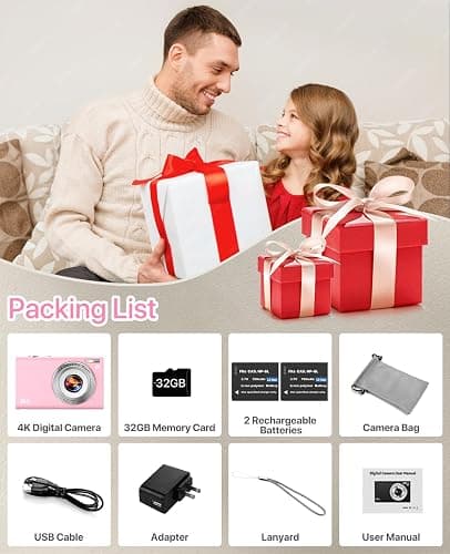 Digital Camera, 4K Vlogging Camera for YouTube Autofocus Cameras for Photography with 16X Digital Zoom, 48MP Compact Point and Shoot Digital Camera for Teens Adult with 32GB SD Card, 2 Batteries-Pink thumbnail 8