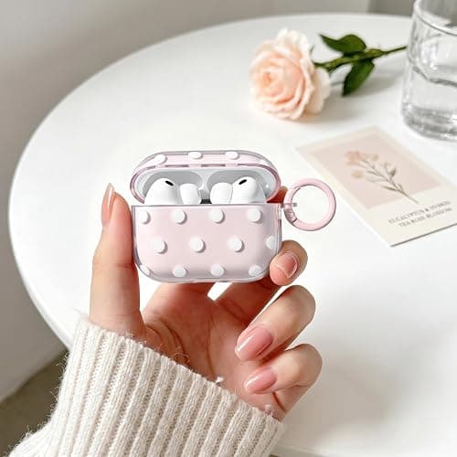 inewateri Compatible for AirPods Pro 2/Pro Case with Cleaner Kit, Cute Polka Dot Pattern Clear Aesthetics Trendy Design with Shell Keychain, Soft TPU Protective Cover for Girls Women-Pink thumbnail 2
