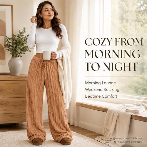 Women's Fuzzy Pajama Pants, Fluffy PJ Pants, Fleece Drawstring Wide Leg Fit | Plush Pajama Pants, Fluffy Fleece Feel, Drawstring Elastic Waist, Relaxed Wide Leg Fit, Cold Weather Lounge And Sleepwear thumbnail 7