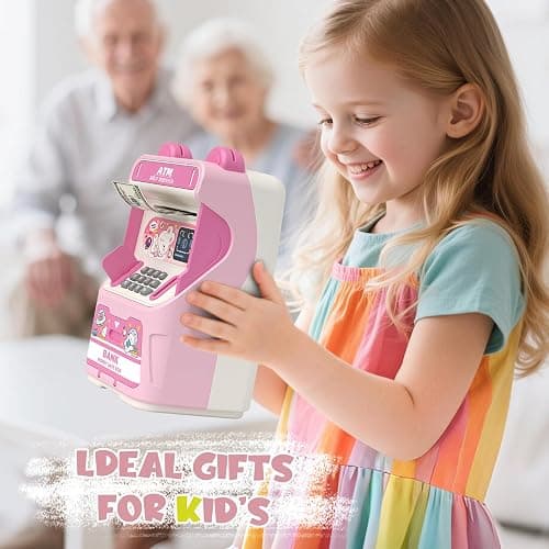 Rabbit ATM Piggy Bank for Girls with Automatic Bill Roller, Electronic Coin Bank with Simulated Card Slot & Facial Recognition, ATM Money Saving Box with Music Function for Kids(Pink) thumbnail 7