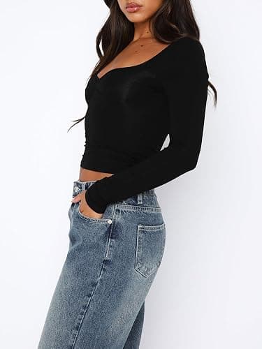 ForeFair Women's Sexy Long Sleeve Going Out Tops Pleated Bustier Shirt Cute Sweetheart Neck Y2K Cropped Top thumbnail 3
