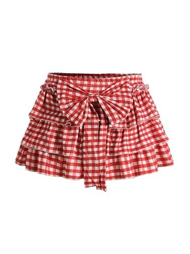 BEAUDRM Women's Y2k Bow Ruffle Mini Skirt Cute Gingham Layered Skort | Plaid Skirt, Pleated, Tiered, A-Line, Rave, Festival, Party, Country Concert Outfits - Image 1