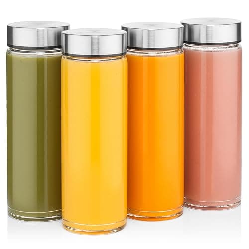 Juice Bottles - 4 Pack Wide Mouth Glass Bottles with Lids - for Juicing, Smoothies, Beverage Storage - 16oz Glass Water Bottles, BPA Free, Stainless Steel Lids, Leakproof, Reusable, Borosilicate - Image 1