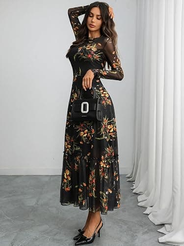 GothDark Womens Floral Mesh Dress Long Sleeve Round Neck A Line Gothic Vintage Casual Wedding Guest Maxi Dresses thumbnail 4