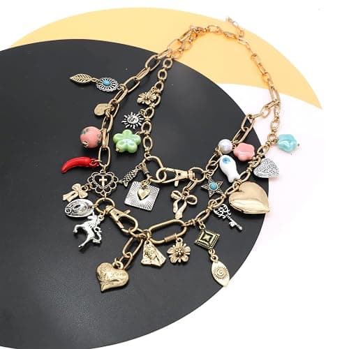 JNF Chunky Layer Heart Charm Necklace for Women Boho Heart Sun Flower Key Coins Charms Necklaces Paperclip Link Chain Necklace Y2K Statement Jewelry thumbnail 6