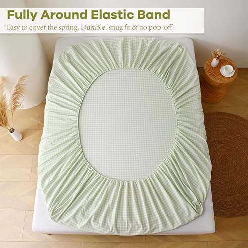 K MASANIJI Pile Green Ruffle Gingham Sheets Twin XL Size 4-Piece Set, 300TC 100% Yarn Dyed Linen Feel Cotton Sheets 18 in Deep Pocket Kids Preppy Decorative Bedding (Pile Green/White Plaid, Twin XL) thumbnail 4