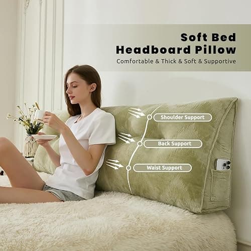 Zelladorra Headboard Pillow for Bed,Triangular Wedge Pillow Headboard Soft Support While Reading and Resting,Bed Bolster Cushion Headboard with Removable Cover,Sage Green,Queen (59"x8"x20") thumbnail 2