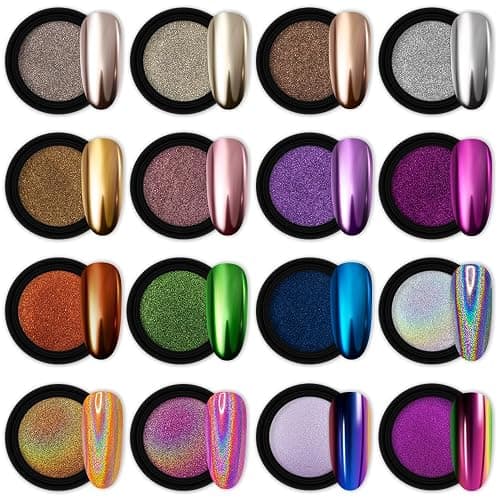 Artdone 16 Jars Chrome Nail Powder Nail Art Fimo Striping Tape Lines Decoration Metallic Mirror Effect Holographic Aurora Chameleon Pigment Powder 1g/Jar Pearl for Resin Craft & Nail Art - 16jars - Image 1