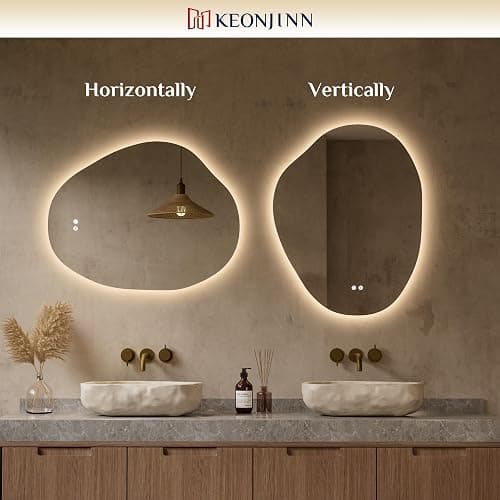 Keonjinn Irregular Backlit Mirror 24 x 30 Inch, Asymmetrical LED Bathroom Mirror with HD Tempered Glass, UL-Listed LED Driver, Stepless Dimmable with 3 Colors, Safe Defogging(Horizontal/Vertical) - 30"L x 24"W thumbnail 8