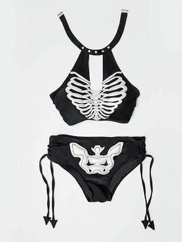 Meowcos Gothic-Bikini-Badeanzug, Gothic-Stil, einzigartiger schwarzer Totenkopf-Druck, dunkler Stil, Gothic-Badeanzug thumbnail 6