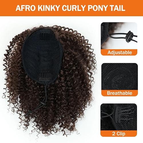 MKJVEN Afro Kinky Curly Ponytail Extensions 10 Inch Drawstring Ponytail For Black Women Dark Brown Syrnthetic Ponytail Hair Piece (4#Medium Brow) thumbnail 4