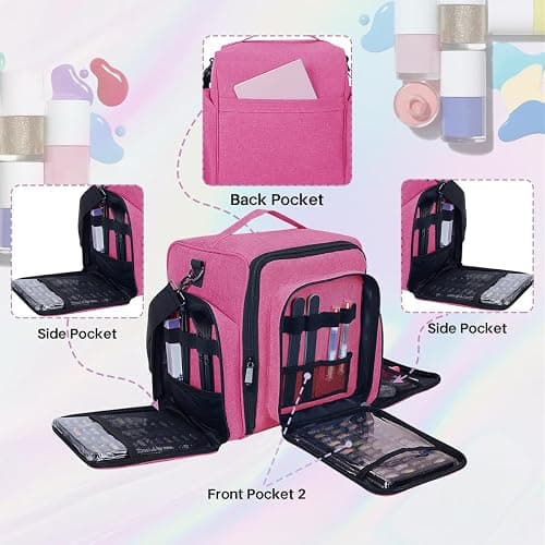 YAHOURWAT Nail Polish Organizer Holds 60 Bottles and a Nail Lamp,Portable Travel Case with 2 Removable Bags and Tools Storage Pockets Rose Red thumbnail 5