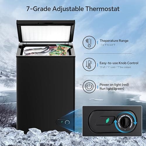 Kismile 3.5 Cubic Feet Chest Freezer with 2 Removable Baskets Free Standing Top Open Door Compact Deep Freezer with Adjustable Temperature for Home/Kitchen/Office/Bar (3.5 Cubic Feet, Black) thumbnail 4