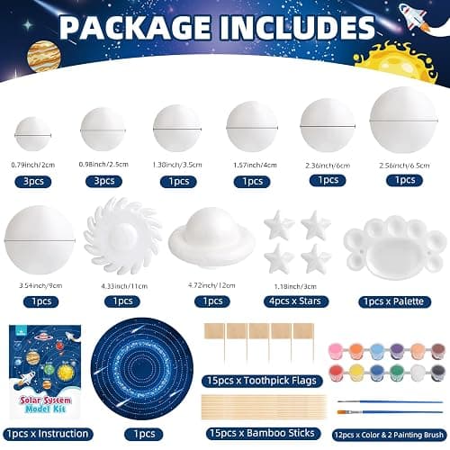 64 PCS Solar System Project Kit, Solar System Model Kit with 13 Mix Foam Balls, Solar System Toys for Kids 3-5, Learn Planets Science Kit School Project Supplies of Bamboo Sticks, Flags, Brushes thumbnail 3