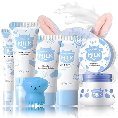 Milk Skincare Set Teen Girls Gifts - Skin Care for Teens 10-12 - Skin Care Set Moisturizing - Skin Care Routine Kit for Women - Skincare for Girls 10-12 - with Eye&Face Cream,Sunscreen(8PCS, Milk)