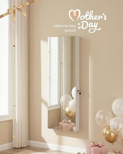 SONGMICS Mirror Jewelry Cabinet Armoire Organizer, Wall or Door Mount Storage Cabinet with Full-Length Frameless Lighted Mirror, Built-in Makeup Mirror, 2 Drawers, Lockable, White UJJC013W01 thumbnail 4