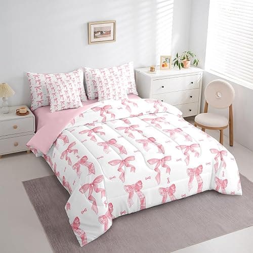 Erosebridal 7 Piece Bedding Set Full Bowknot Comforter Set with Sheets Coquette Checkered Bow Bed in a Bag Cute Princess Fashion Kawaii for Kids Girls Women thumbnail 3