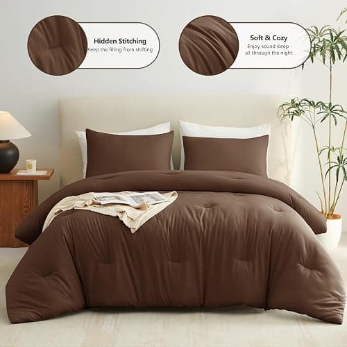 CozyLux Queen Comforter Set Brown, 3 Pieces Solid Breathable Quilted Style Bedding Sets, Luxury Fluffy Soft Bed Set with Down Alternative Comforter for All Season (1 Comforter & 2 Pillowcases) thumbnail 2