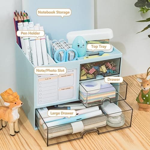 QIYVLOS Desk Organizer with 3 Drawer, Multi-Functional Pencil Pen Holder for Desk, Desk Organizers and Storage with 8 Compartments, Desktop Organizer for Office Home Art Supplies (Blue) thumbnail 4