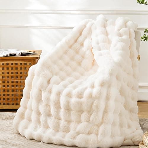 BENVWE Faux Fur Throw Blanket for Couch - Cozy Plush Fluffy Soft Thick Bubble Blanket for Living Room Home Decor - Mothers Day Birthday Gifts for Women, Cream White, 51" x 63" - Throw(51" x 63") - Cream White