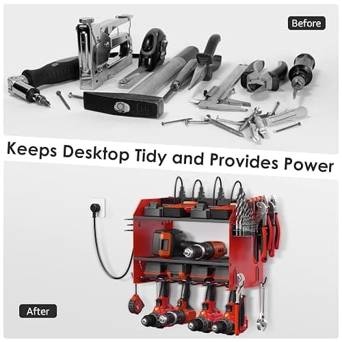 CCCEI Modular Power Tool Organizer Wall Mount with Charging Station. Garage Drill Storage Shelf with Hooks, Heavy Duty Rack, Tool Battery Holder Built in 8 Outlet. Gift for Men. Red, 1 Pack. thumbnail 6