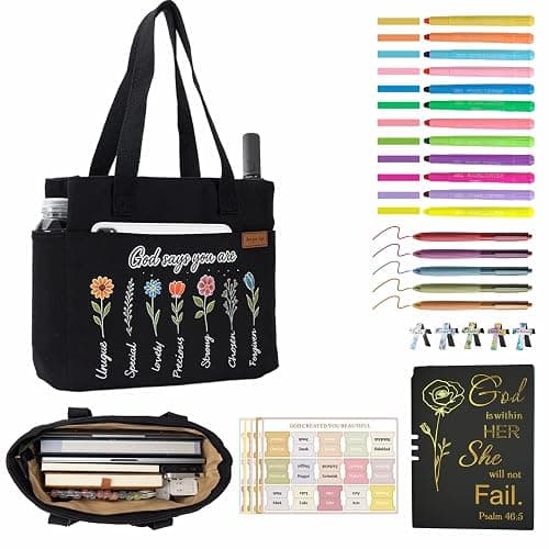 25 PCS Bible Study Supplies Kit, Large Capacity Canvas Tote Bag for Women Organizer, Bible Highlighters and Quick Dry Pens No Bleed Through, Notebook Bible Tabs Cross Bookmark Journaling Accessories - Image 1