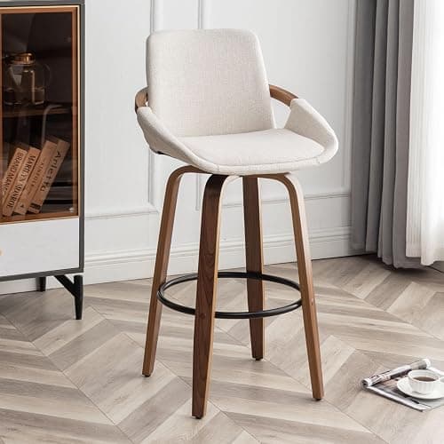 LUNLING 29.5" Bar Height Barstools Set of 2,Mid Century Modern Retro Bar Chairs Charcoal Beige Linen Look Fabric Upholstered and Walnut Wood Frame for Home Bar Furniture(Beige) thumbnail 9