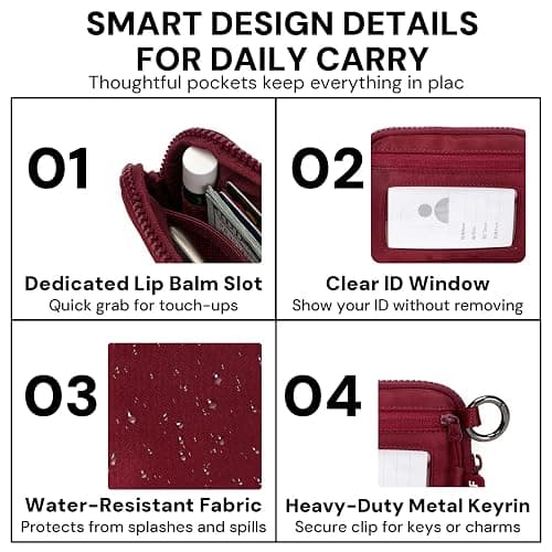 Keychain Wallet for Women Mini Zip Card Holder with ID Window Coin Purse Detachable Wristlet Small Wallets Burgundy thumbnail 3