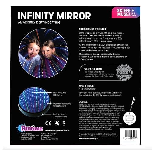Funtime Gifts Science Museum 10" Infinity Mirror - Create the Illusion of Infinite Space, Built in Wall Hook, Multicoloured LED Lights thumbnail 3