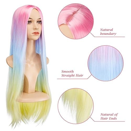 AGPTEK 27.5 Inch Long Rainbow Wig for Women Halloween Cosplay - Vibrant Rainbow Shades Perfect for Halloween and Cosplay Characters - Long Straight Wig thumbnail 4