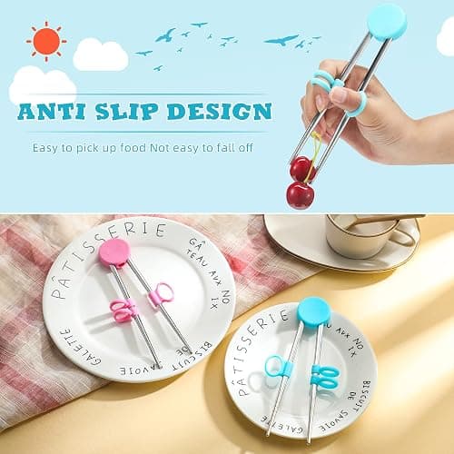 Patelai 2 Pairs Training Chopsticks for Kids, Children Learning Stainless Steel Reusable Metal Chopsticks Helper(Blue, Pink) thumbnail 6