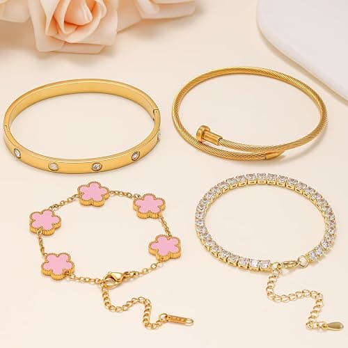 Gold Bracelets for Women, 18K Gold Plated Women Tennis Bracelets Clover Nail Love Bangle Bracelet Set, Gold Bracelet Stackable Set Trendy Jewelry, Gifts for Women's Day and Mother's Day thumbnail 6