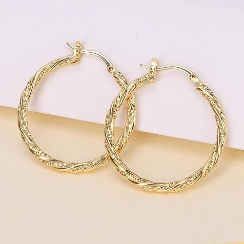 Gold Hoop Earrings for Women, 14K Gold Earrings Twisted Detailing Hypoallergenic Lightweight Earring Mother’s Day Gifts 35MM thumbnail 2