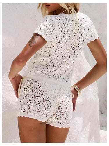 GORGLITTER Women's Crochet Short Sets Short Sleeve Button Down Cardigan Top and Shorts Vacation Outfits thumbnail 2