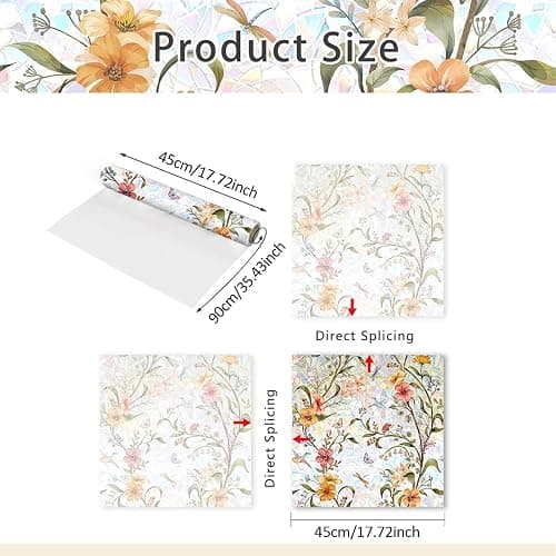 XhuangTech Flower Sunroof Film Floral Rainbow Effect Static Clings Window Privacy Film Sun Protection Stained Glass Decals for Car Moonroof and Home, 17.72 x 35.43 Inch (F815, 17.72 x 35.43 Inch) thumbnail 2