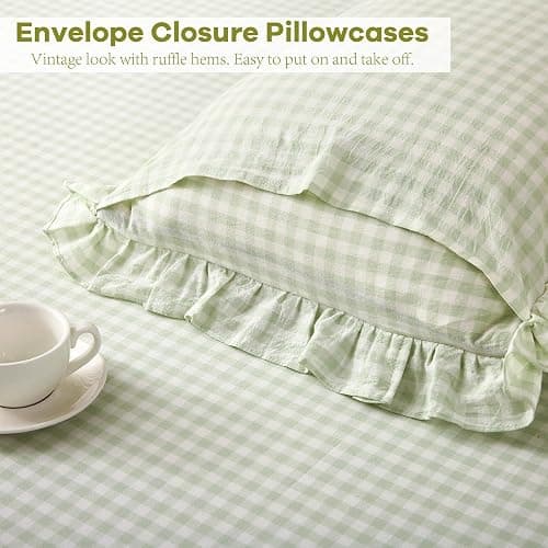 K MASANIJI Pile Green Ruffle Gingham Sheets Twin XL Size 4-Piece Set, 300TC 100% Yarn Dyed Linen Feel Cotton Sheets 18 in Deep Pocket Kids Preppy Decorative Bedding (Pile Green/White Plaid, Twin XL) thumbnail 6