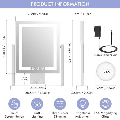 LuxeVue Makeup Mirror with Lights – HD Vanity Mirror with 3 Color Modes, Touch Sensor, 360° Rotatable Metal Frame, Detachable 3.5" 15X Magnifying Mirror, 14.1", White – Gift-Ready for Her or Bedroom thumbnail 2