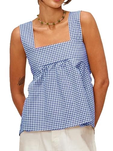 Amiblvowa Women Gingham Peplum Tank Square Neck Babydoll Tops Y2K Cute Bow Tie Back Sleeveless Vest Shirt Going Out Top thumbnail 2