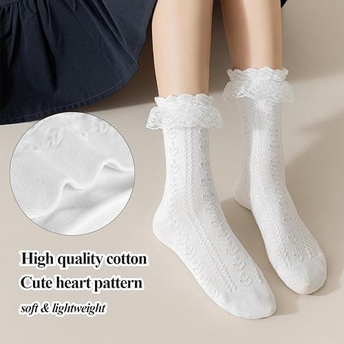 BIVOLU Womens Crew Socks Lace Ruffle Frilly Cotton Cute Princess Ankle Dress Socks for Girl 5 Pack thumbnail 5
