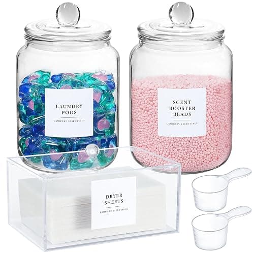 Glass Jars and Dryer Sheet Holder, Dispenser Set with Lids and Labels, Containers for Laundry Room Organization and Storage, Half Gallon Airtight Glass jars, Acrylic Storage Box for Laundry supplies, - Image 1