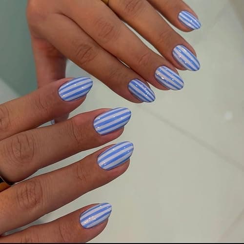 Short Almond Press on Nails Blue White Striped Line Fake Nails Decoration | Glossy Cute Acyrlic False Nails Nature Reusable Full Cover Stick on Nails for Women Manicure 24Pcs - Image 1