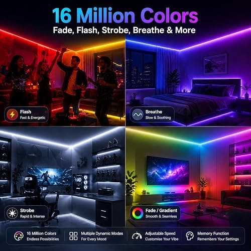 shalaker 20M RGB LED Strip Lights for Bedroom, Music Sync Colour Changing LED Tape with Bluetooth App & Remote, 16M Colours, Dimmable, Timing Mode, Self-Adhesive for Home Party Kitchen Decor thumbnail 5
