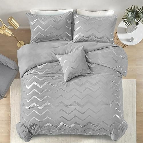 Grey Metallic Silver Duvet Cover Set with 2 Pillowcases Soft Microfiber Geometric Striped Bedding Set,King Size 220x230 cm - King Size 220x230cm - Gray thumbnail 3