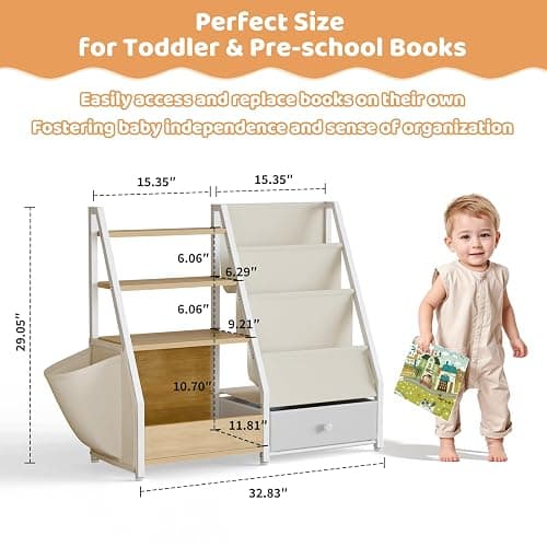 HAVLOTII Kids Bookshelf and Toy Storage - Book Shelf for Kids Rooms, Toddler Bookshelf Baby Bookcase for Nursery, Montessori Toy Organizer, Burlywood thumbnail 2