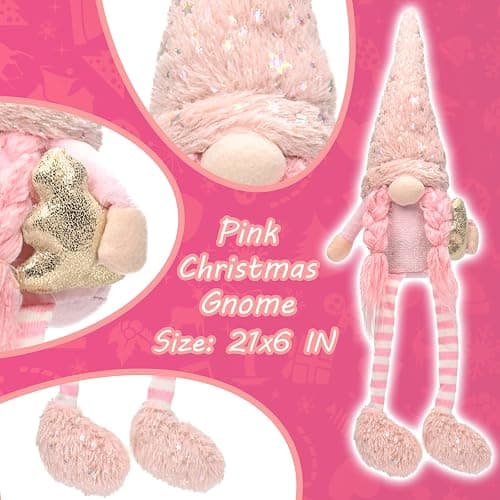 ZEBNYYA Pink Christmas Gnomes Plush Elf Decoration - 3PCS Handmade Xmas Long Dangle Leg Winter Gnomes Hold Christmas Tree Candy Cane Gift Box Santa Dolls for Home Table Ornament, Tiered Tray Decor thumbnail 3