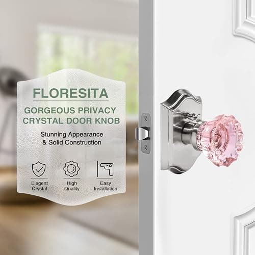 Floresita Crystal Door Knobs, Stain Nickel Pink Glass Door Knobs Interior Rose Shape with Lock Privacy Function, Vintage Antique for Bedroom Bathroom thumbnail 6