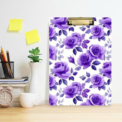 Clipboard,Purple Roses Rosebuds Acrylic Clipboard A4 Letter Size Board with Low Profile Gold Clip,Clip Boards for Kids Students School Office Supplies 12.5" X 9" thumbnail 2