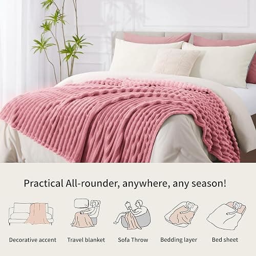 RUIKASI Fleece Throw Blanket for Sofa - Single Fluffy Pink Throws for Sofas Large, Soft Warm Blanket Throw for Couch, Luxury Decorative Ribbed Bed Blanket 130x150cm thumbnail 7